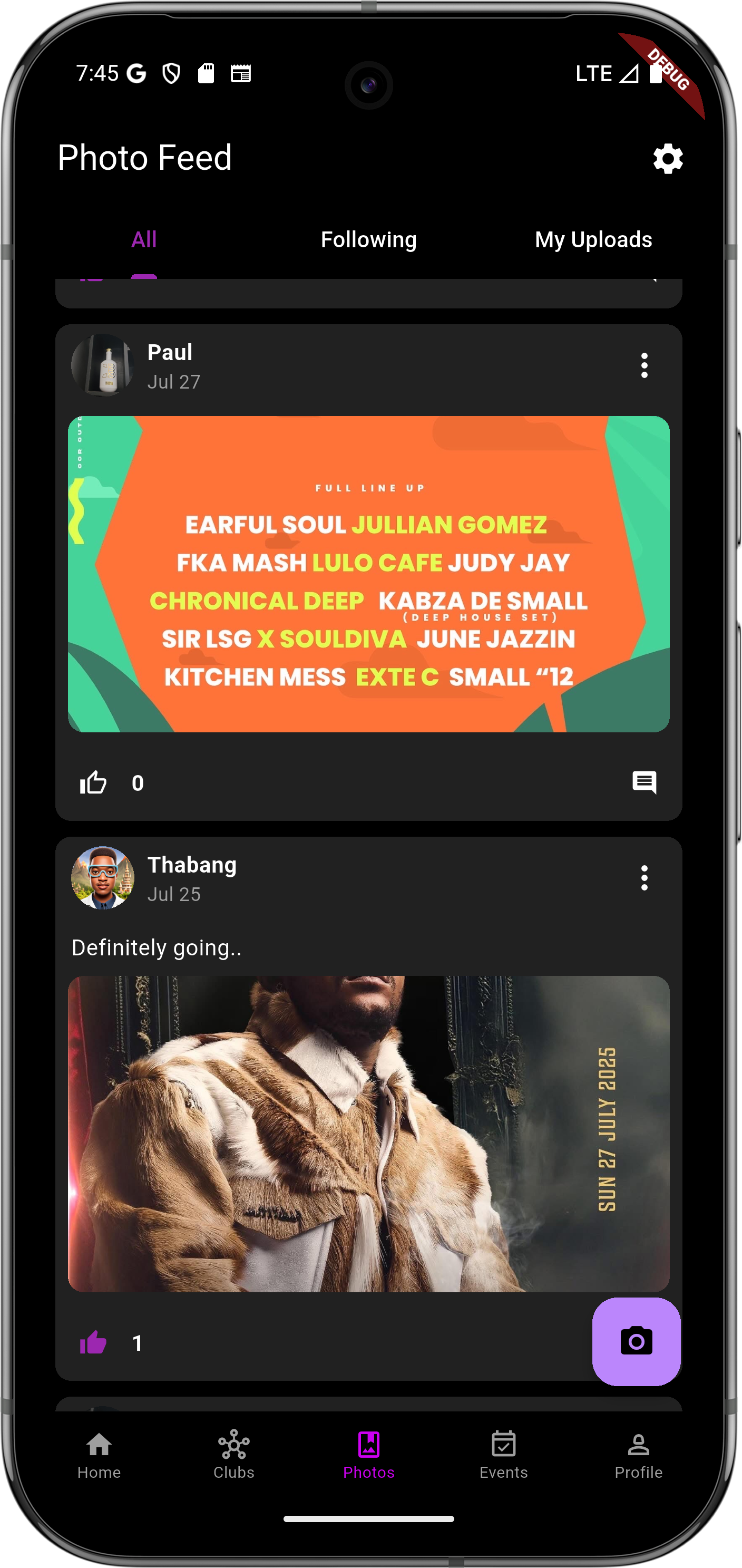 4Mo feeds screen showing nightlife content and updates