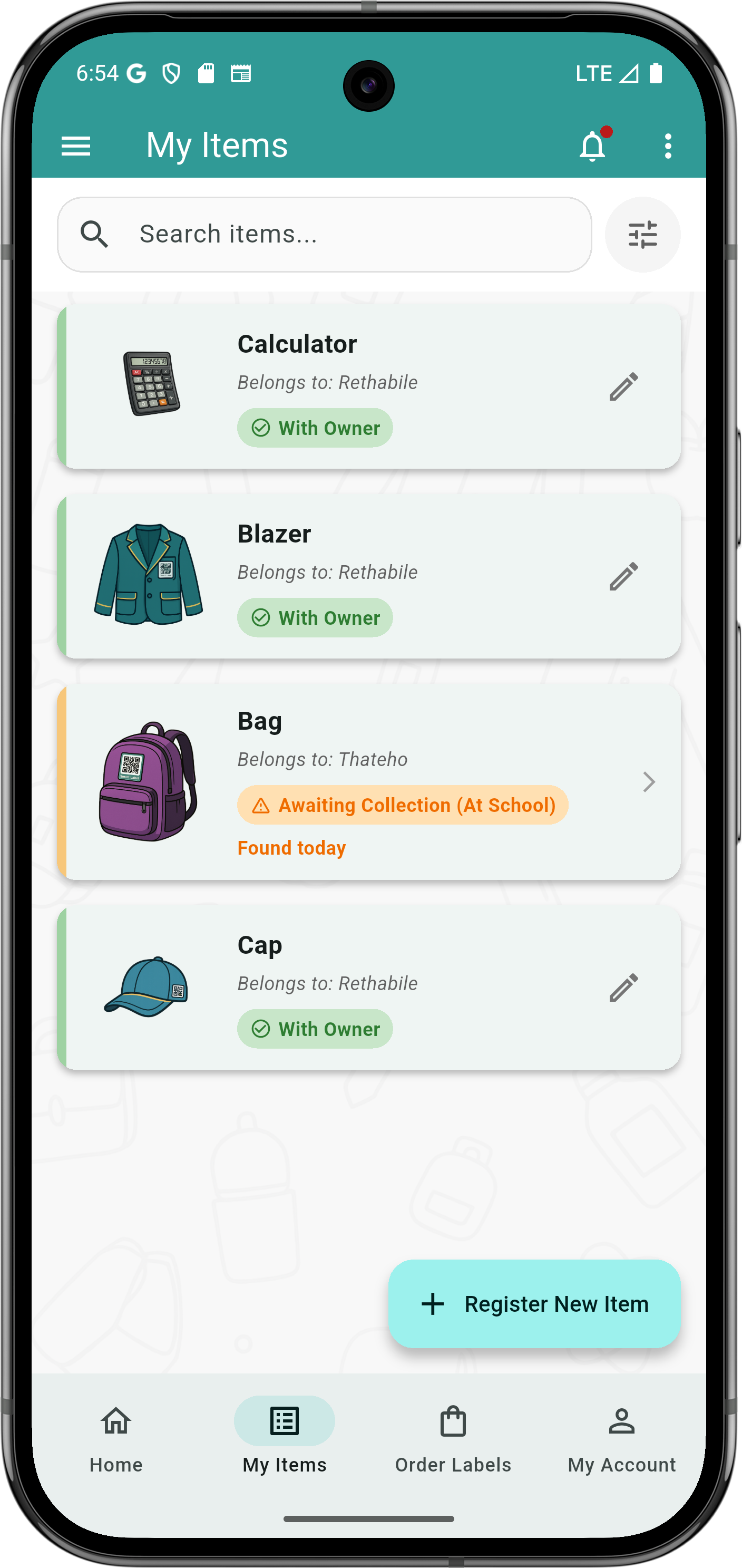 FoundNow my items screen preview