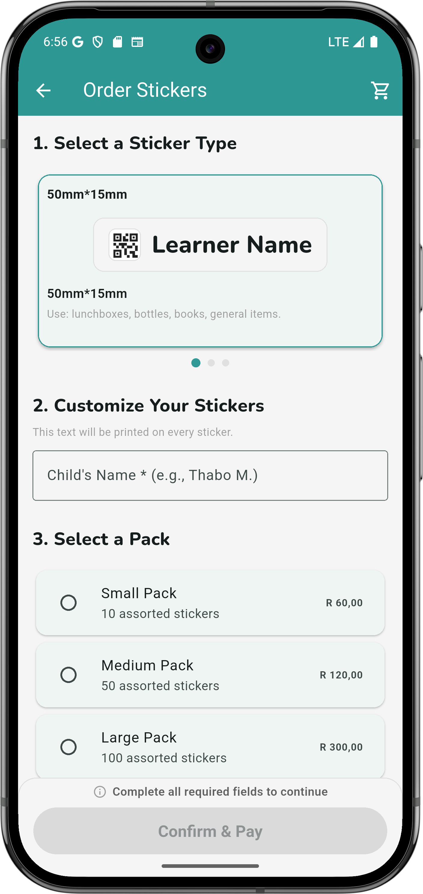FoundNow order stickers screen showing sticker selection, customization, and pack options